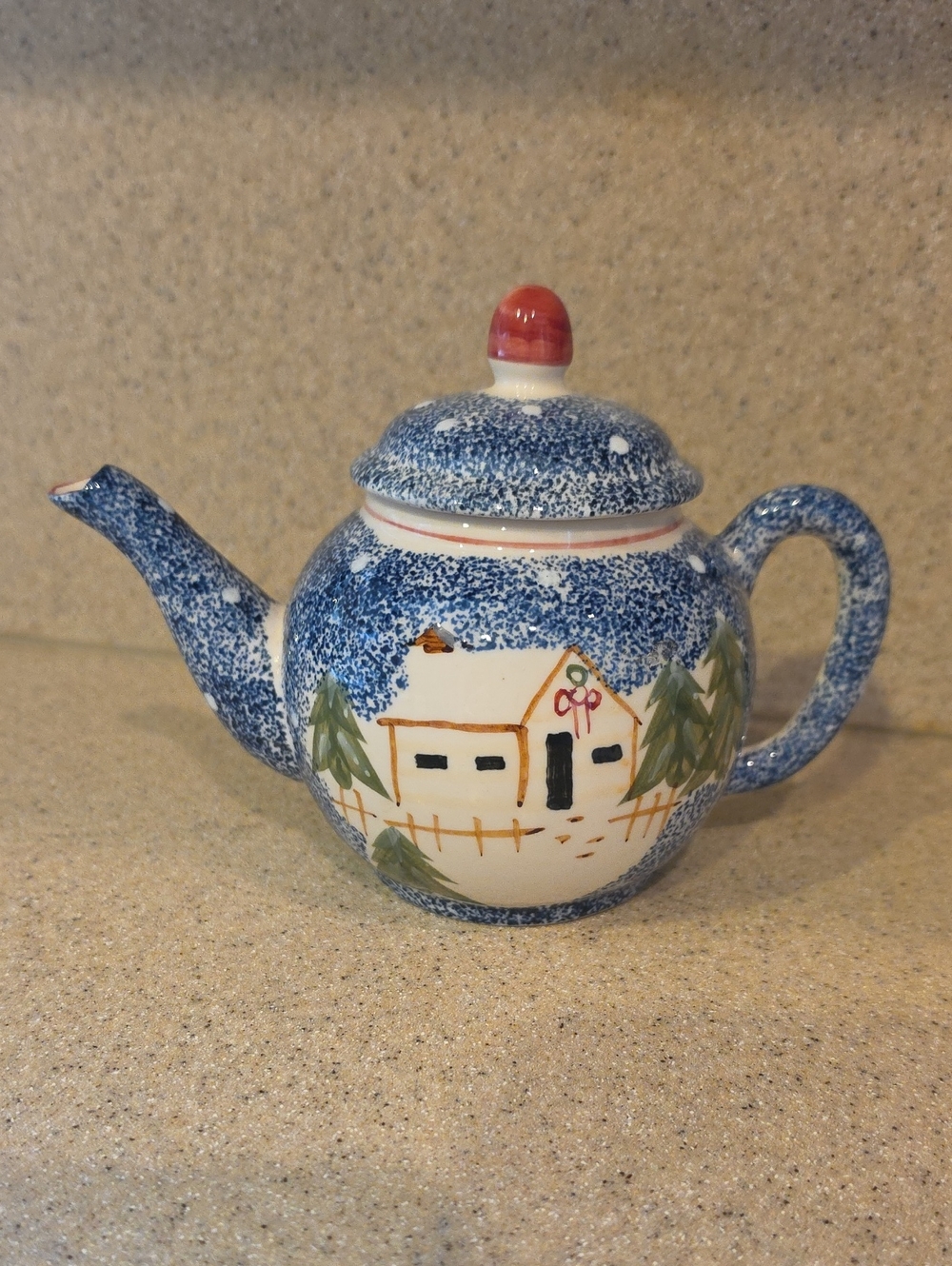 Hand-Painted Blue Speckle Ceramic Teapot with Cottage Motif